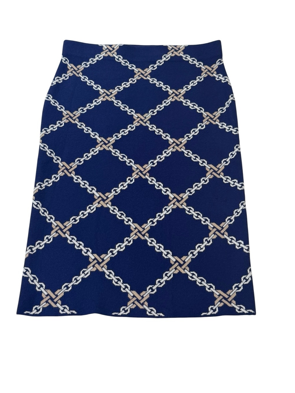 Ann Taylor Blue & Cream Chain Lattice Midi Skirt Womens Size Large